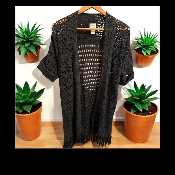Chico Long Cardigan Size 1 Open Front Fringe Crochet Black - Picture 2 of 3